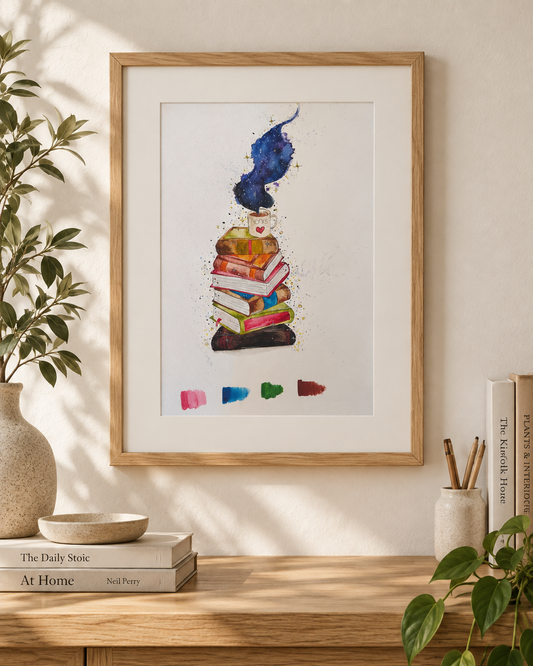 Pintura Original - Livros com café