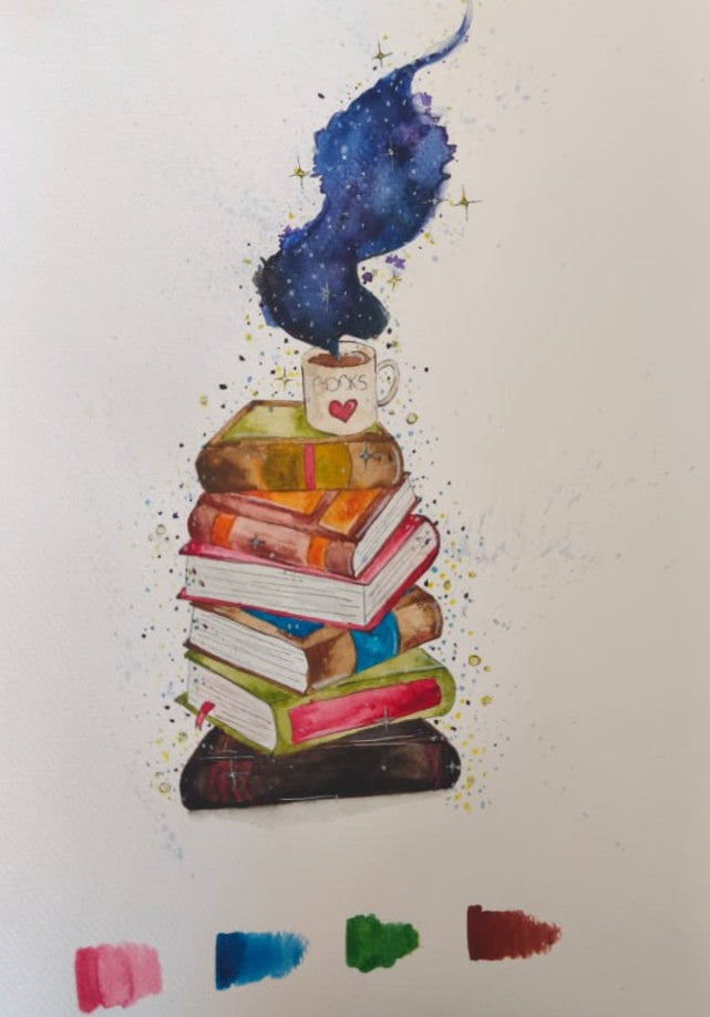 Pintura Original - Livros com café